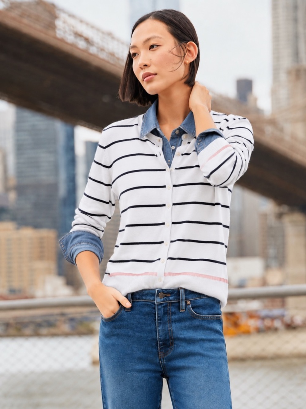 Nautical Preppy Land's End  Supima Cotton Striped Cardigan‎ Pink Trim M Tall